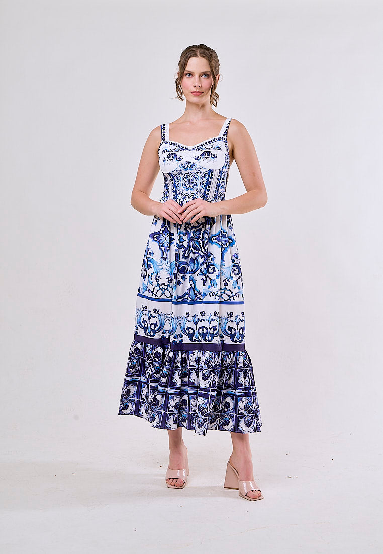 Boudicca Blue Sleeveless Bohemian Print Midi Dress