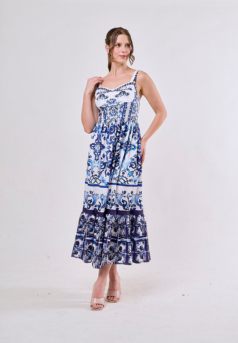 Boudicca Blue Sleeveless Bohemian Print Midi Dress