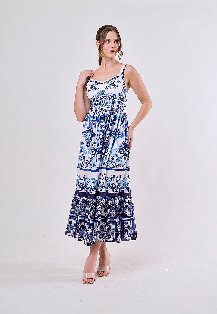 Boudicca Blue Sleeveless Bohemian Print Midi Dress