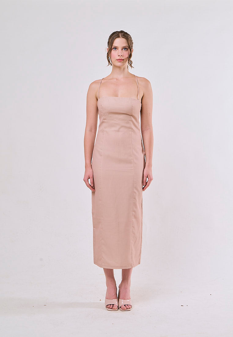 Ansley Beige Zipper Back Spaghetti Strap Midi Dress