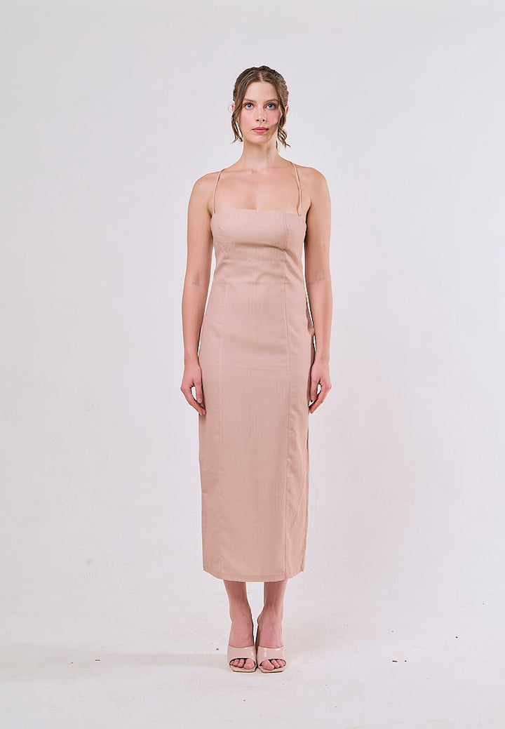 Ansley Beige Zipper Back Spaghetti Strap Midi Dress