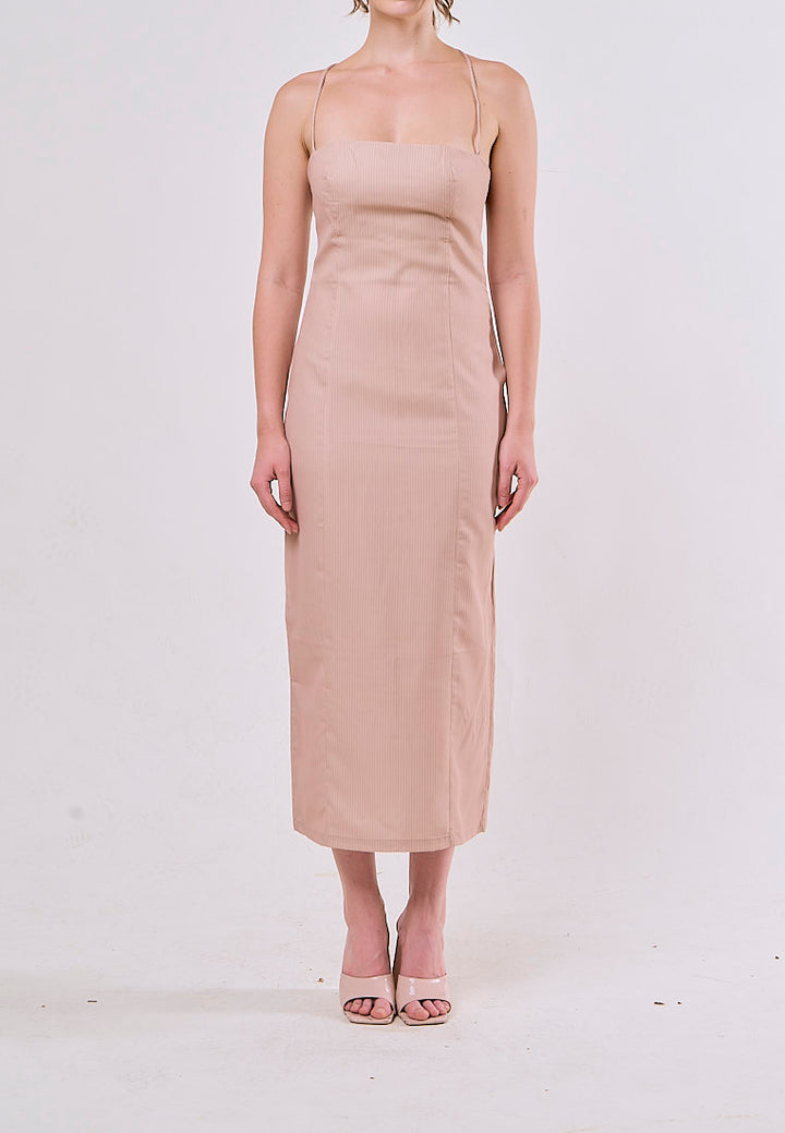 Ansley Beige Zipper Back Spaghetti Strap Midi Dress