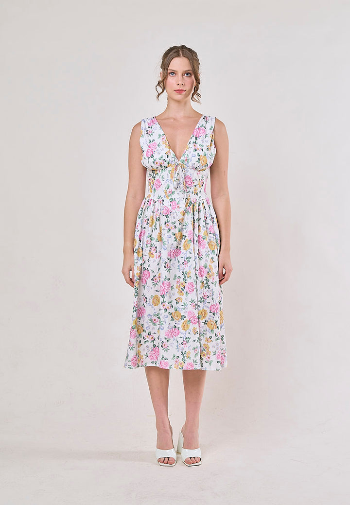 Odin Multicolor Floral V Neck A-Line Pleated Midi Dress