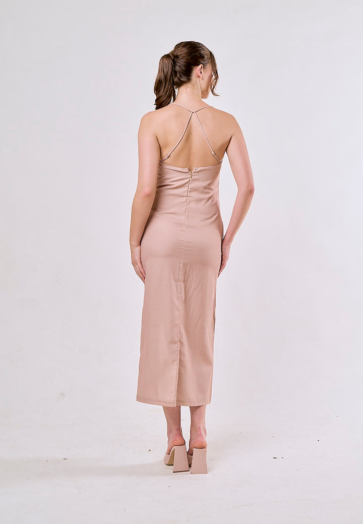 Ansley Beige Zipper Back Spaghetti Strap Midi Dress