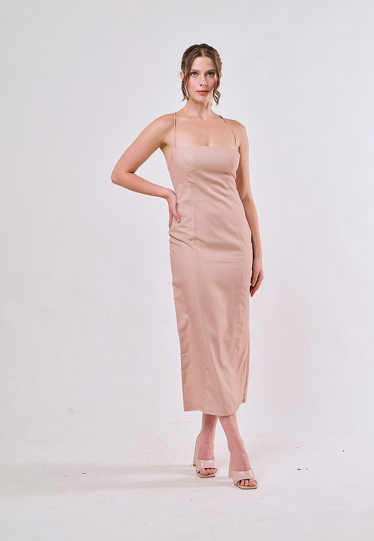 Ansley Beige Zipper Back Spaghetti Strap Midi Dress
