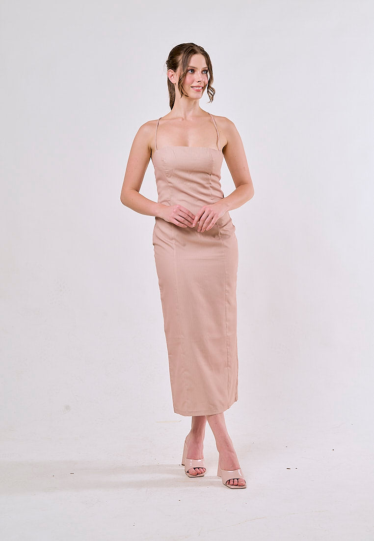 Ansley Beige Zipper Back Spaghetti Strap Midi Dress