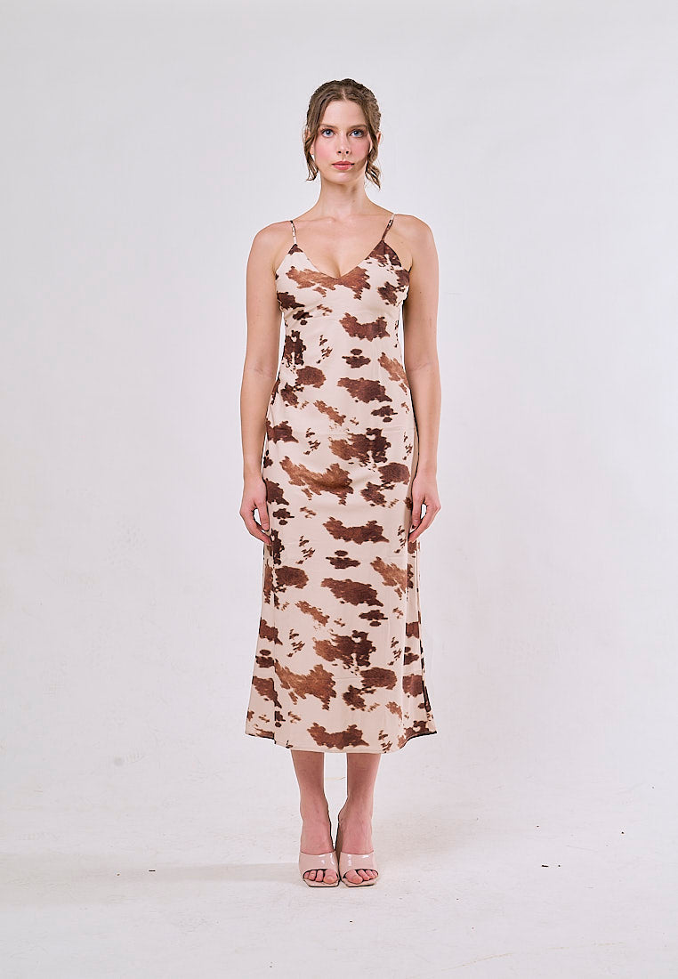 Dax Beige Animal Print V Neck Spaghetti Strap Midi Dress
