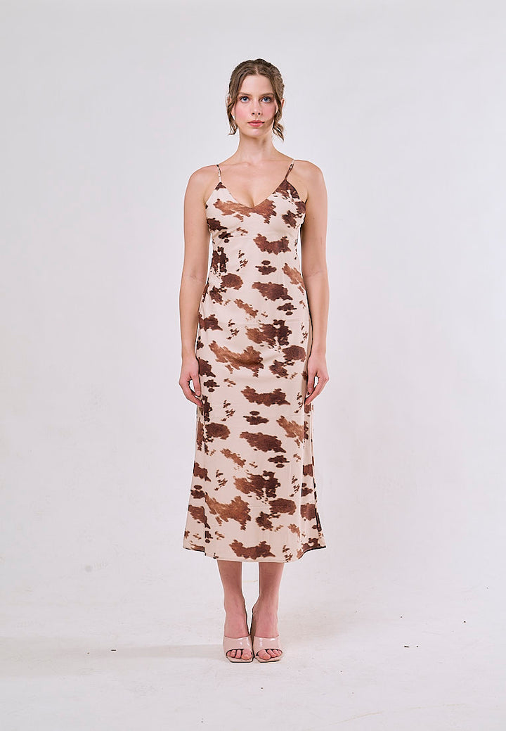 Dax Beige Animal Print V Neck Spaghetti Strap Midi Dress