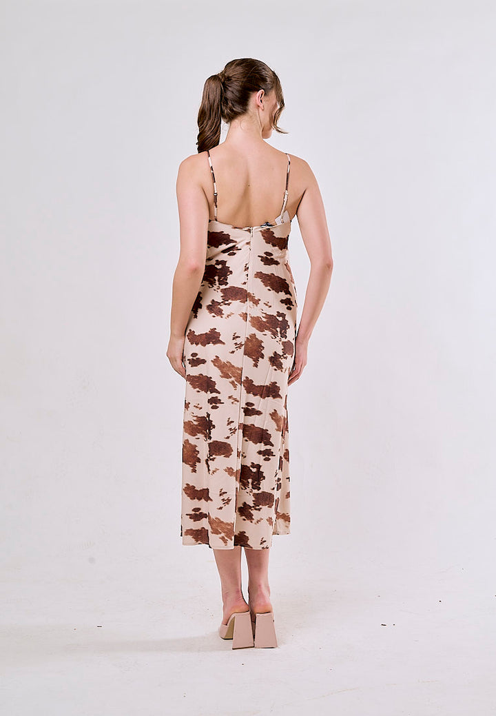 Dax Beige Animal Print V Neck Spaghetti Strap Midi Dress