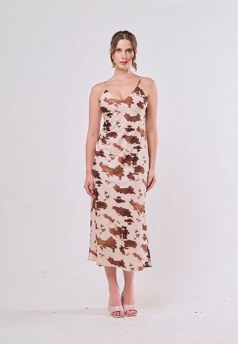 Dax Beige Animal Print V Neck Spaghetti Strap Midi Dress