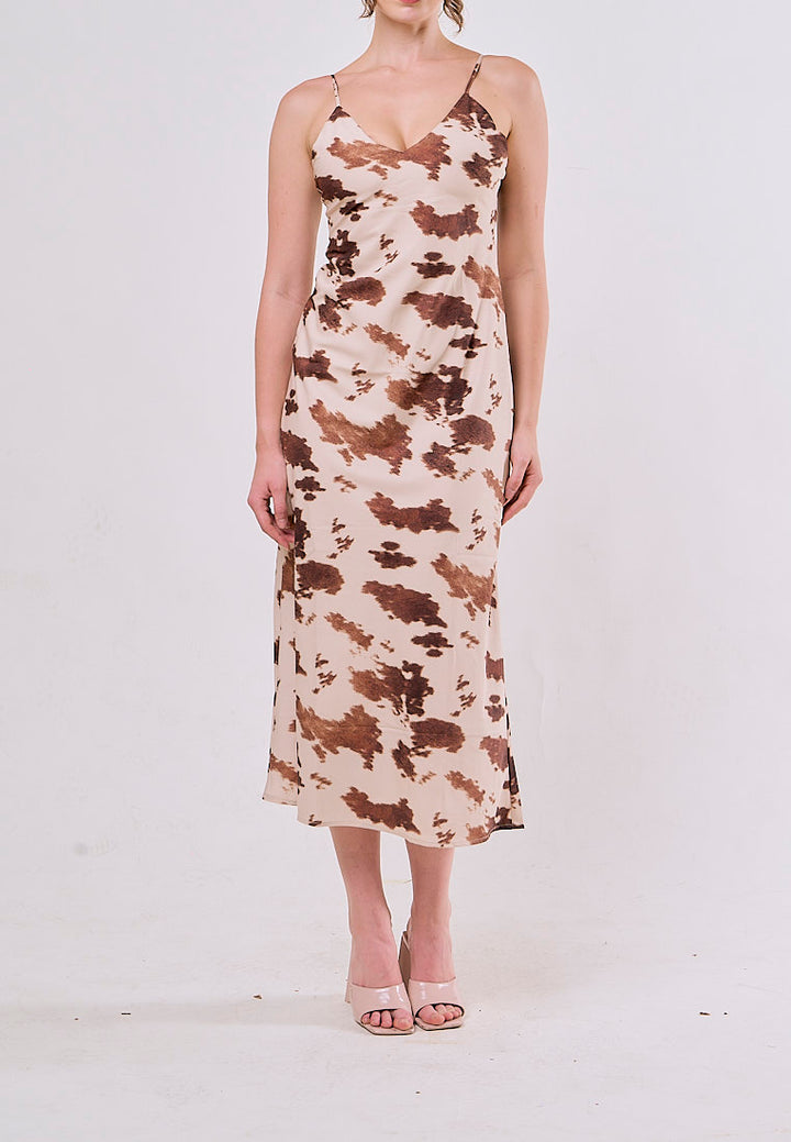 Dax Beige Animal Print V Neck Spaghetti Strap Midi Dress