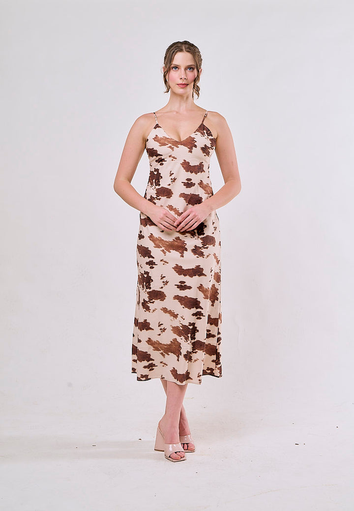 Dax Beige Animal Print V Neck Spaghetti Strap Midi Dress
