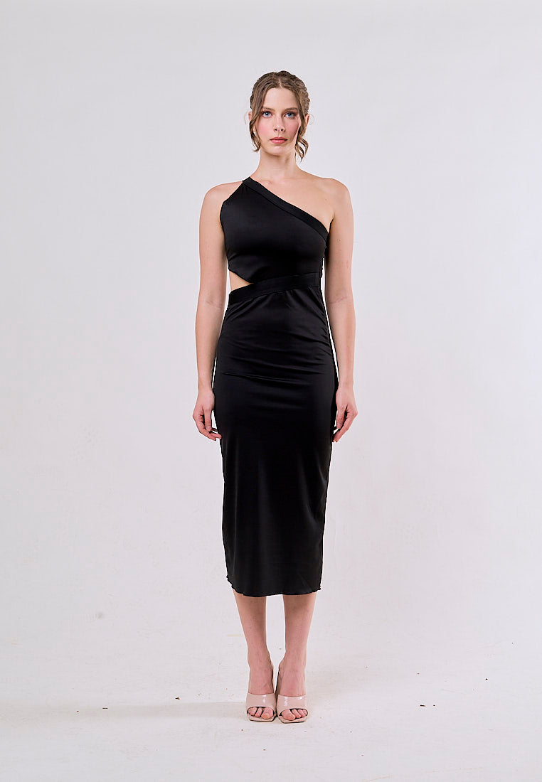 Laney Black Asymmetrical Waist Hollow Out Sleeveless Midi  Dress