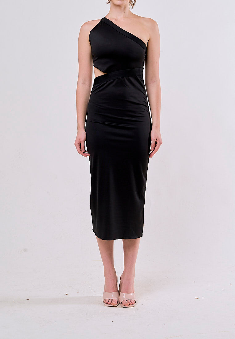Laney Black Asymmetrical Waist Hollow Out Sleeveless Midi  Dress