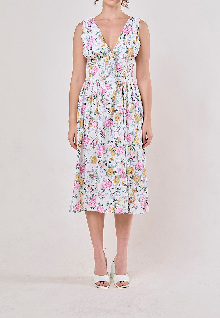 Odin Multicolor Floral V Neck A-Line Pleated Midi Dress
