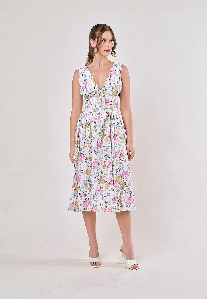 Odin Multicolor Floral V Neck A-Line Pleated Midi Dress