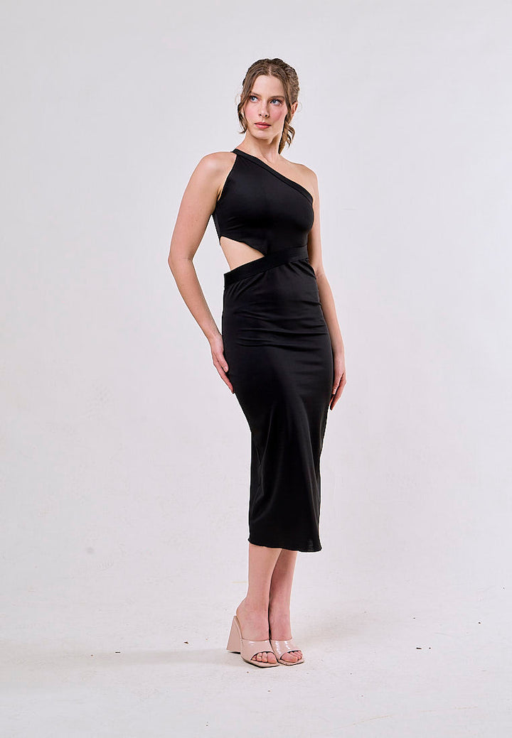 Laney Black Asymmetrical Waist Hollow Out Sleeveless Midi  Dress