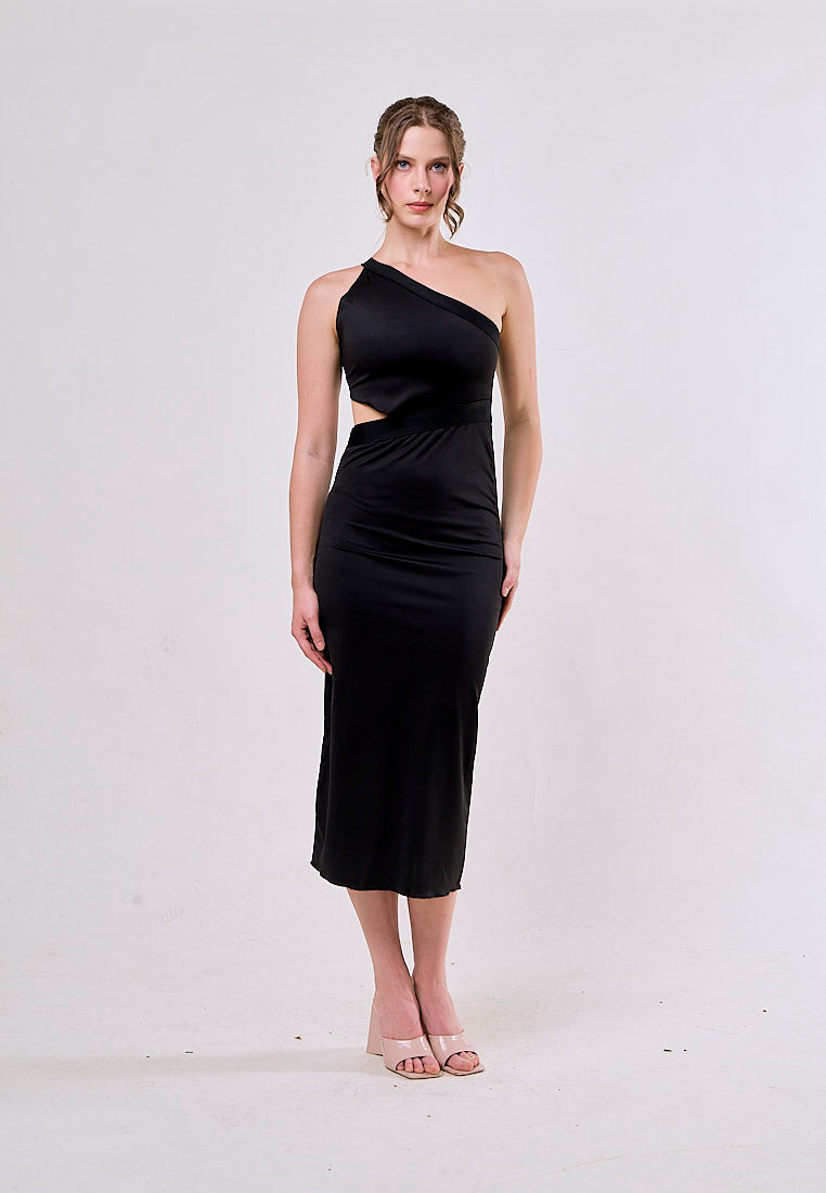 Laney Black Asymmetrical Waist Hollow Out Sleeveless Midi  Dress