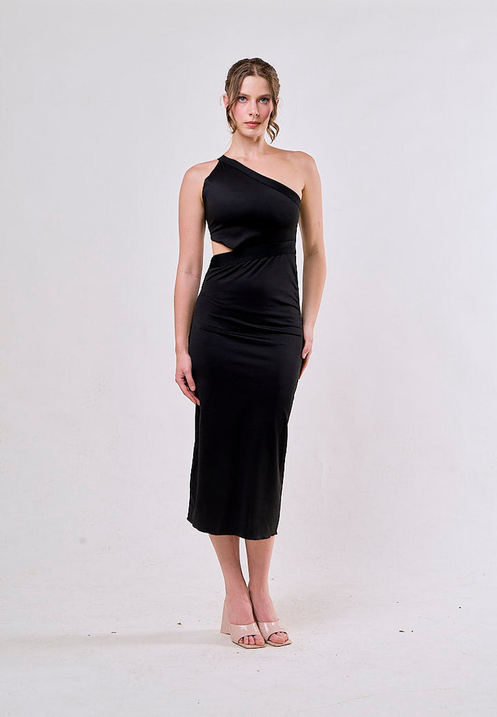 Laney Black Asymmetrical Waist Hollow Out Sleeveless Midi  Dress