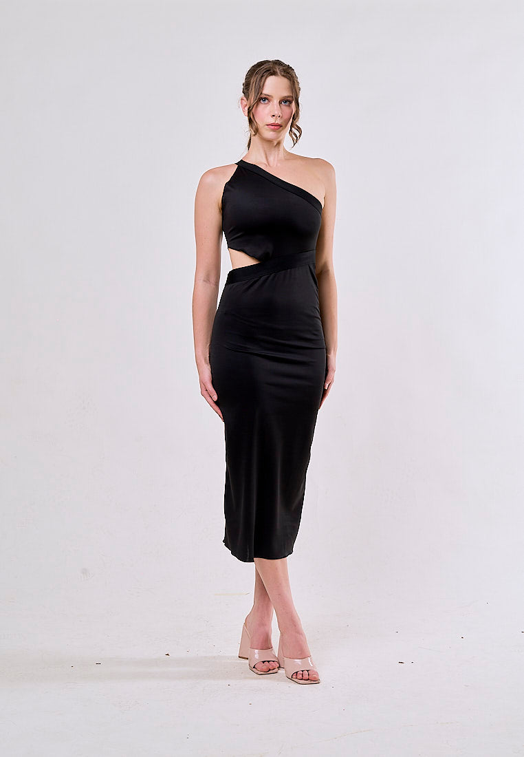Laney Black Asymmetrical Waist Hollow Out Sleeveless Midi  Dress