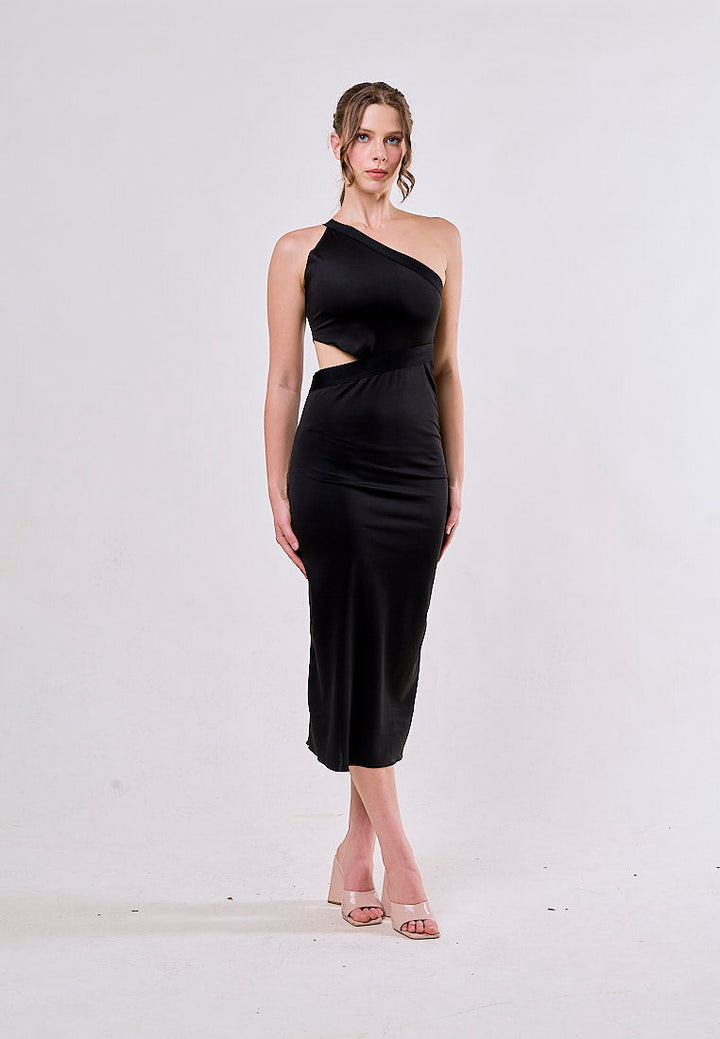 Laney Black Asymmetrical Waist Hollow Out Sleeveless Midi  Dress
