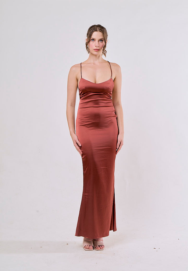 Itzel Saddle Brown Sleeveless Criss Cross Back Satin Maxi Dress