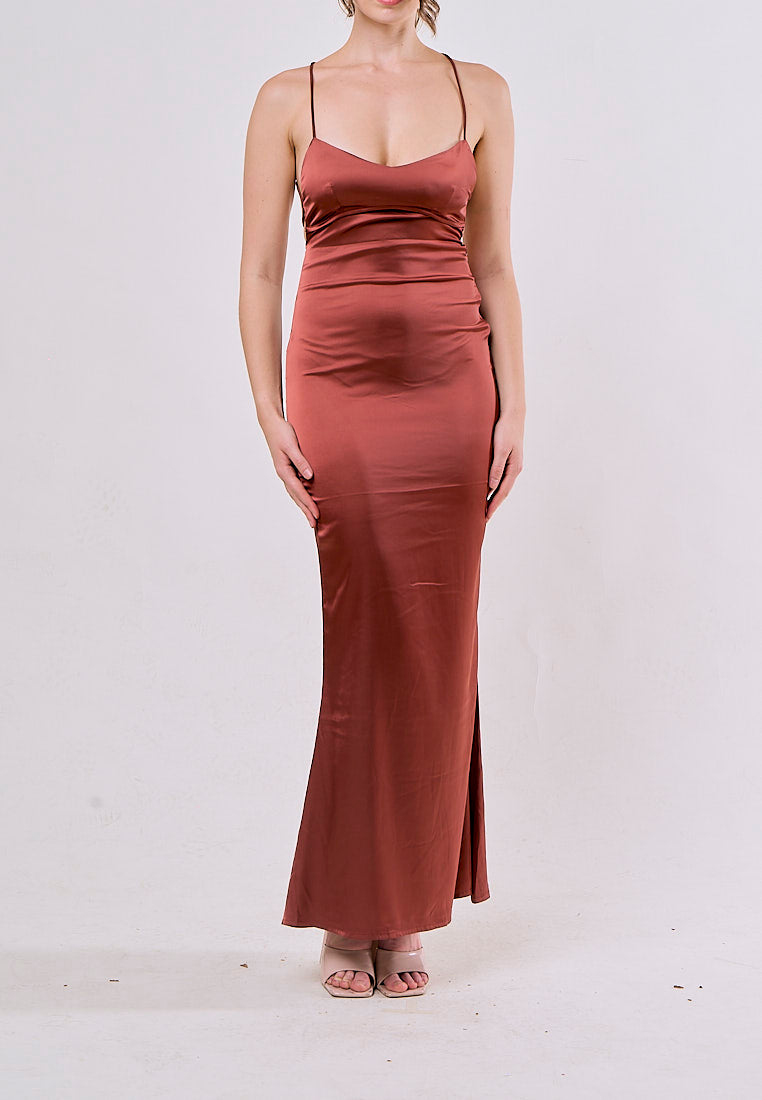 Itzel Saddle Brown Sleeveless Criss Cross Back Satin Maxi Dress