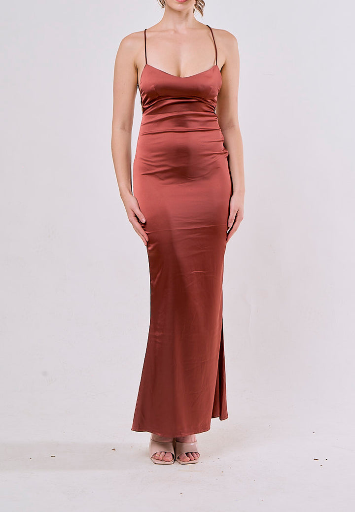 Itzel Saddle Brown Sleeveless Criss Cross Back Satin Maxi Dress