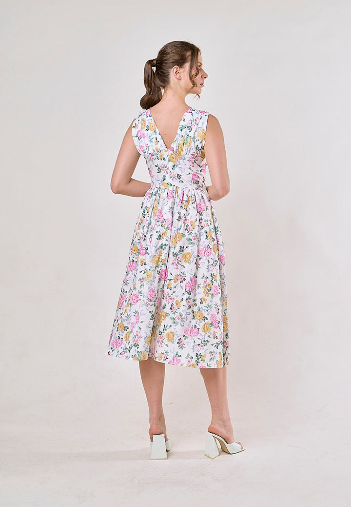 Odin Multicolor Floral V Neck A-Line Pleated Midi Dress