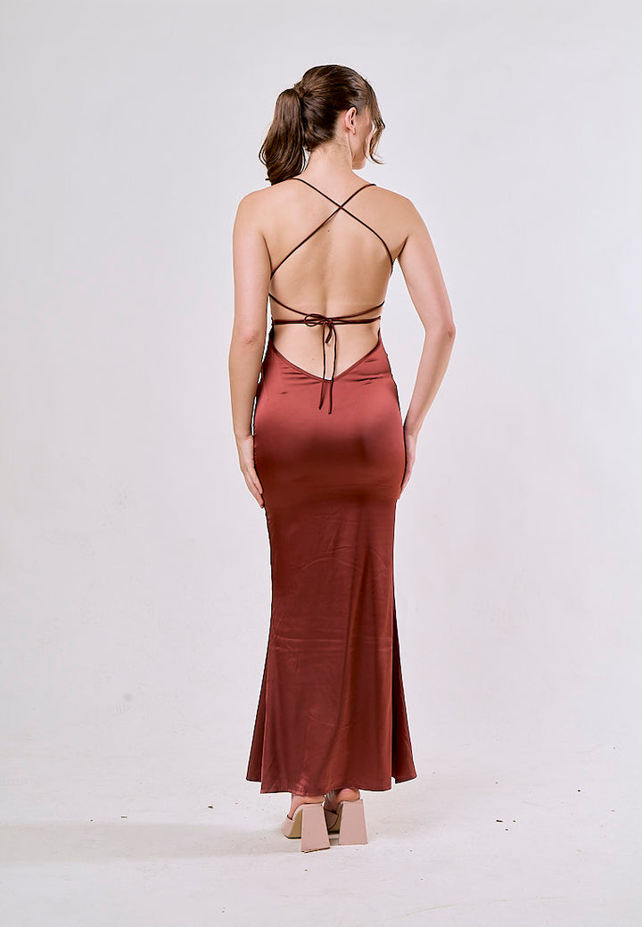 Itzel Saddle Brown Sleeveless Criss Cross Back Satin Maxi Dress