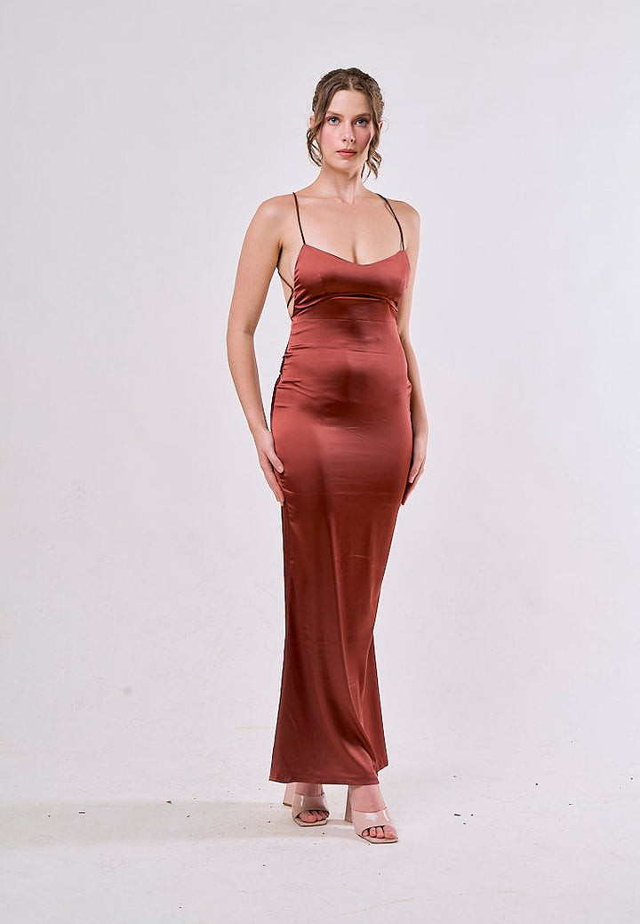 Itzel Saddle Brown Sleeveless Criss Cross Back Satin Maxi Dress