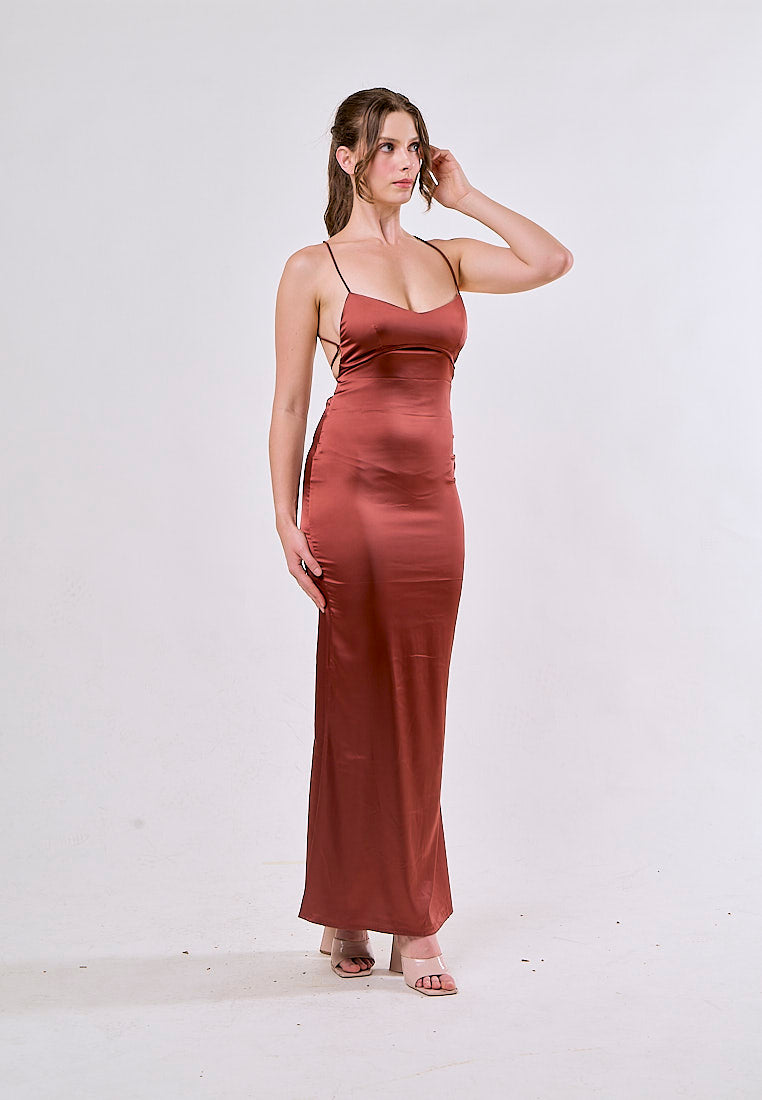 Itzel Saddle Brown Sleeveless Criss Cross Back Satin Maxi Dress
