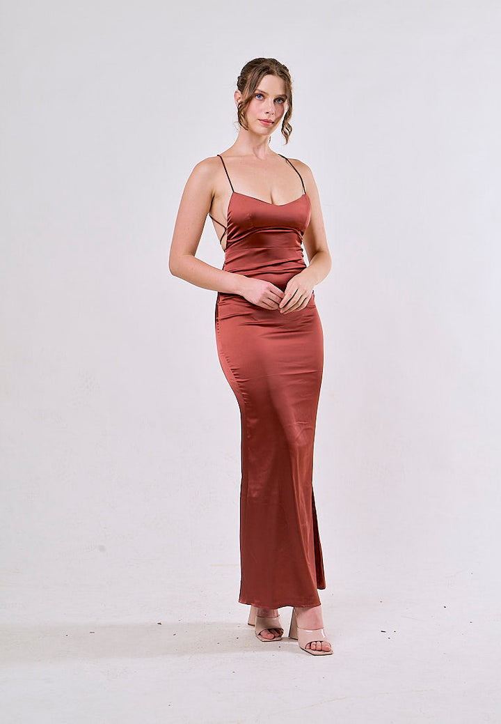 Itzel Saddle Brown Sleeveless Criss Cross Back Satin Maxi Dress