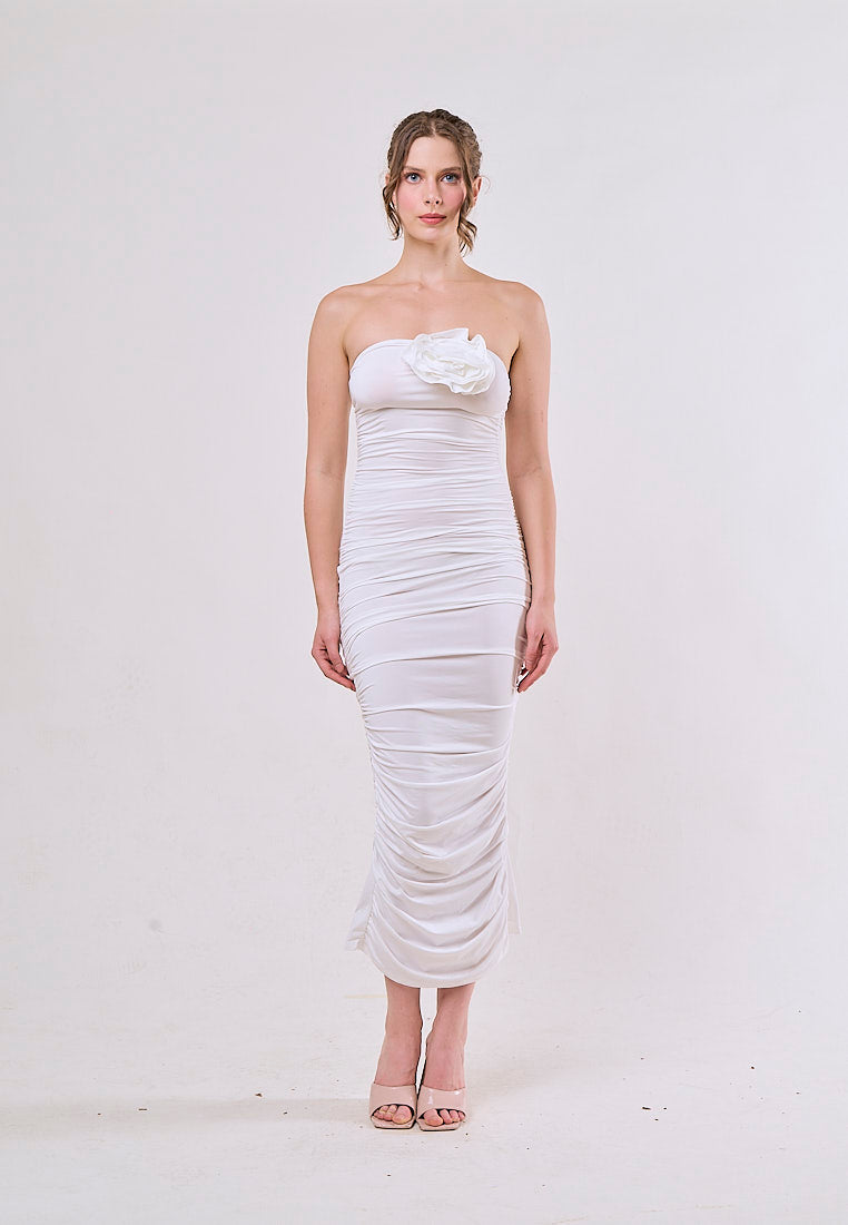 Laurel White Tunic Slim Pleated 3D Flower Midi Dress