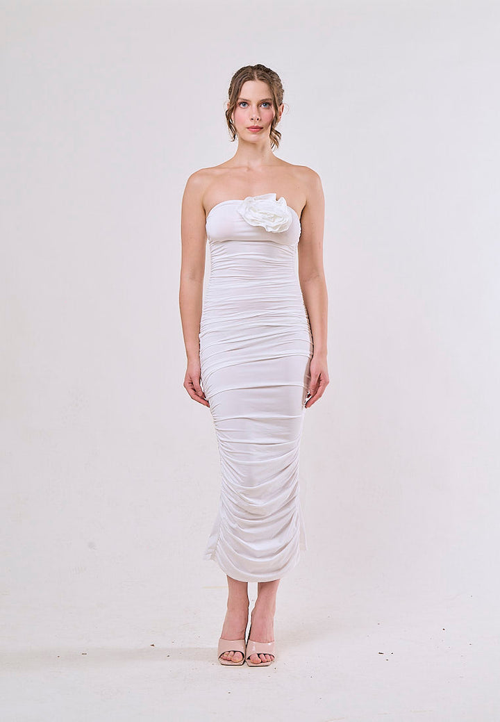 Laurel White Tunic Slim Pleated 3D Flower Midi Dress