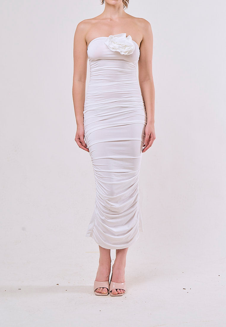 Laurel White Tunic Slim Pleated 3D Flower Midi Dress