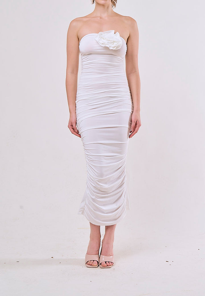 Laurel White Tunic Slim Pleated 3D Flower Midi Dress