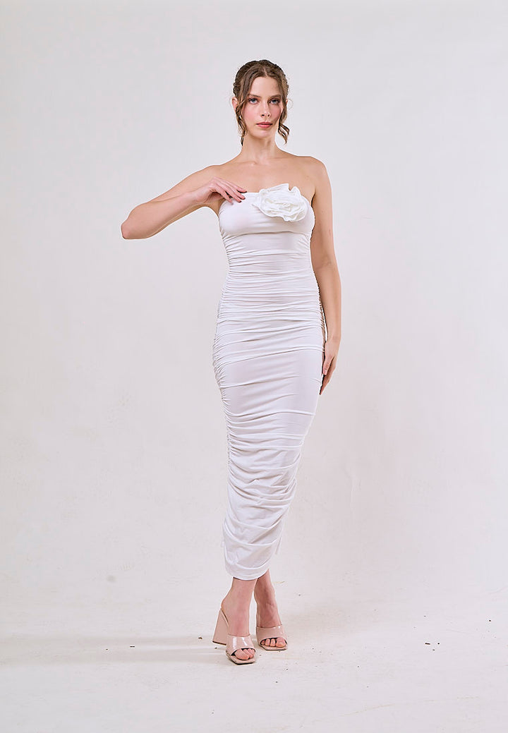 Laurel White Tunic Slim Pleated 3D Flower Midi Dress