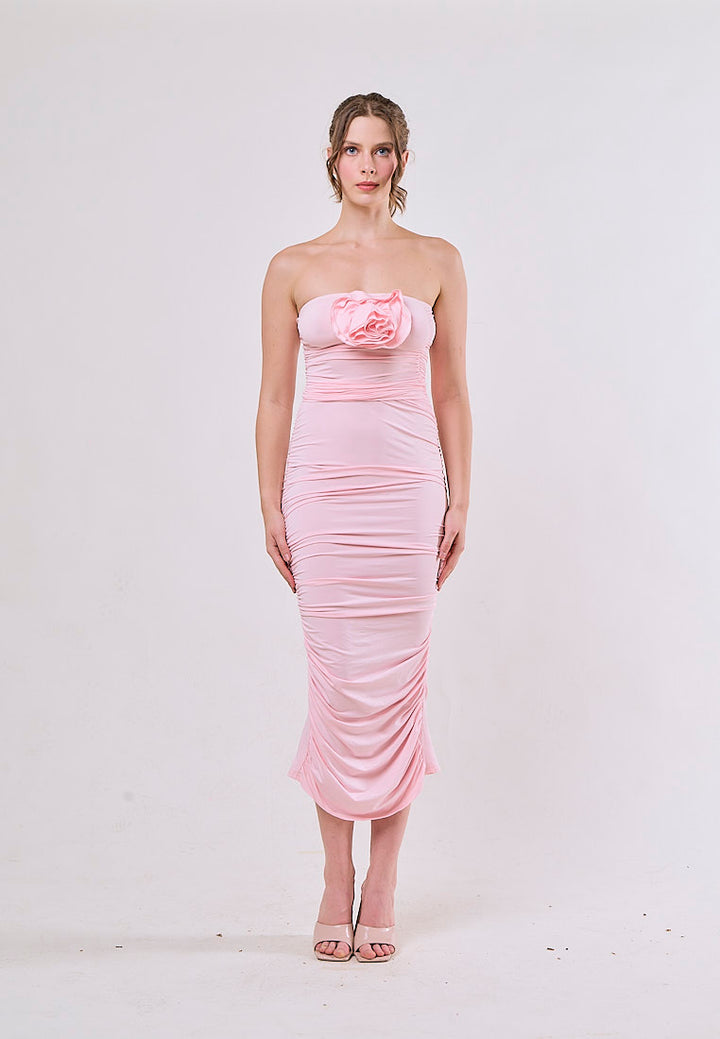 Laurel Pink Tunic Slim Pleated 3D Flower Midi Dress