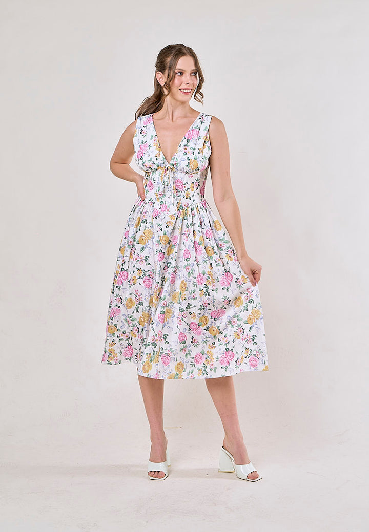 Odin Multicolor Floral V Neck A-Line Pleated Midi Dress