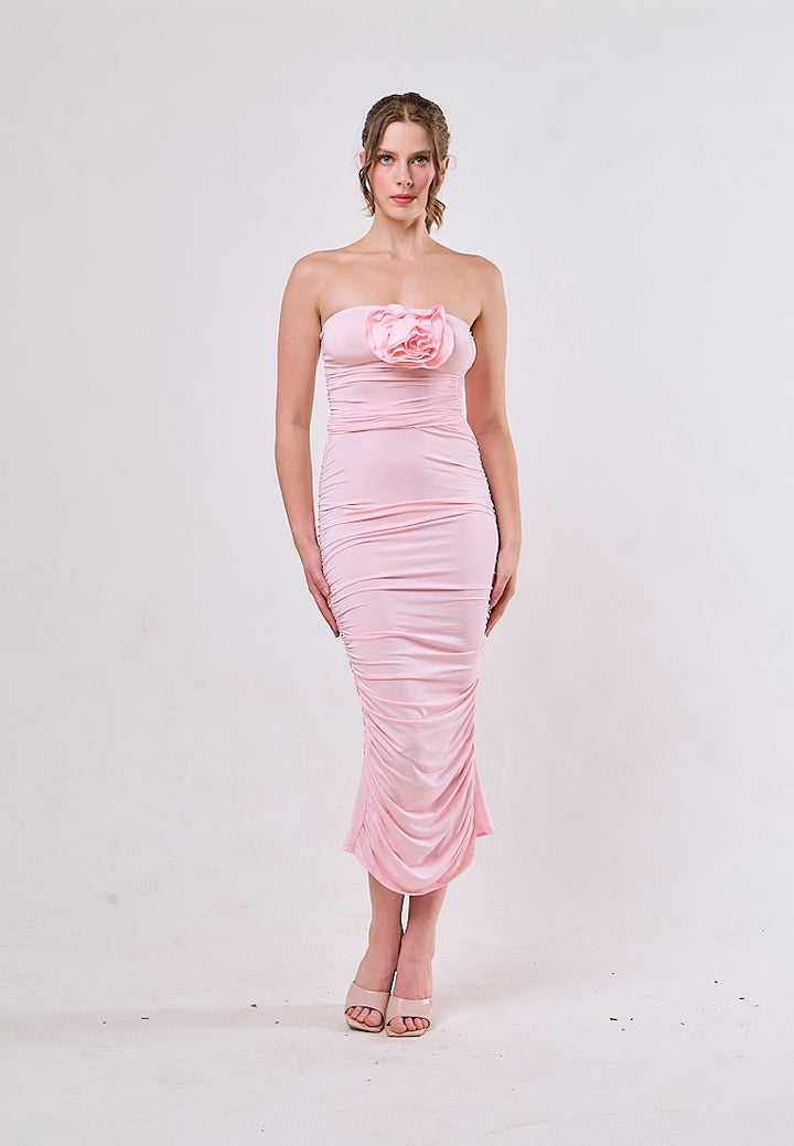 Laurel Pink Tunic Slim Pleated 3D Flower Midi Dress