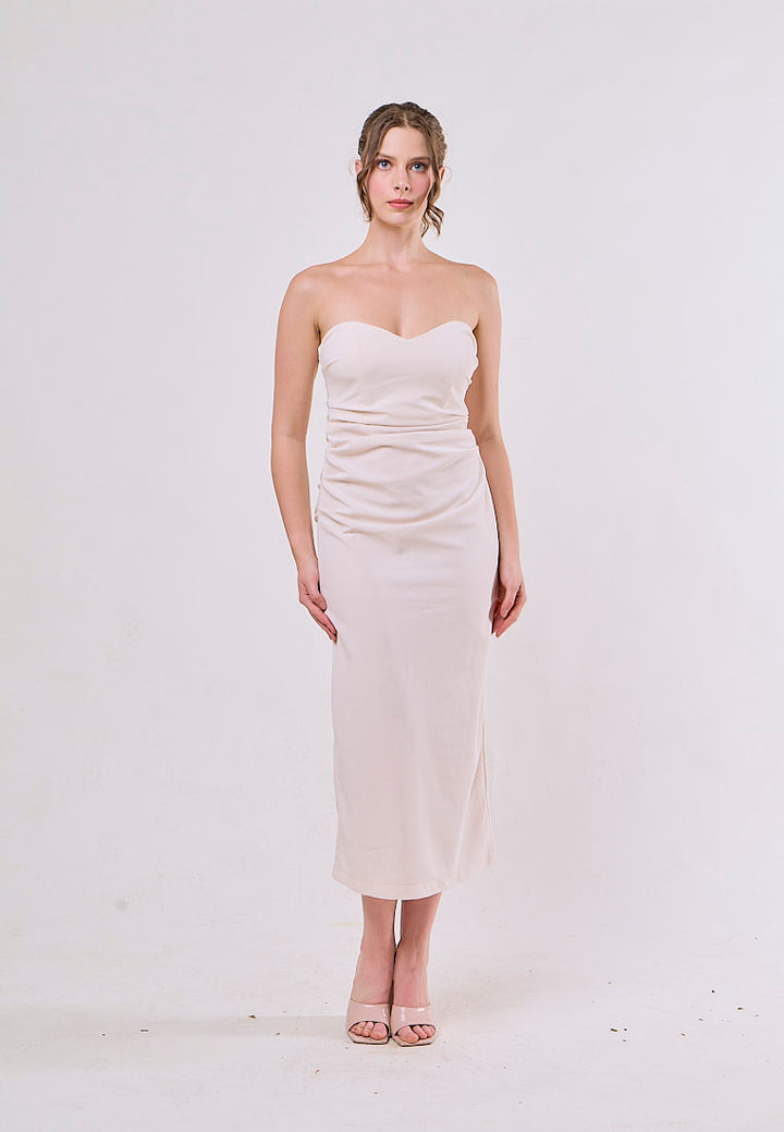 Poppy White Sweetheart Neck Pleated Midi Dress