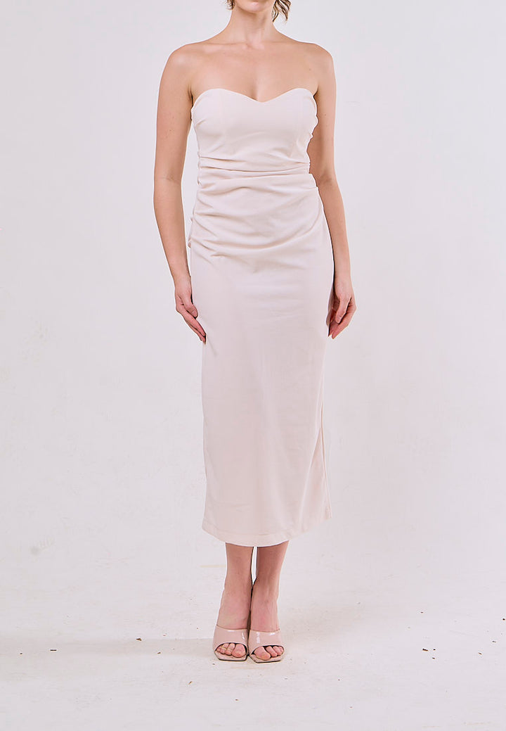 Poppy White Sweetheart Neck Pleated Midi Dress