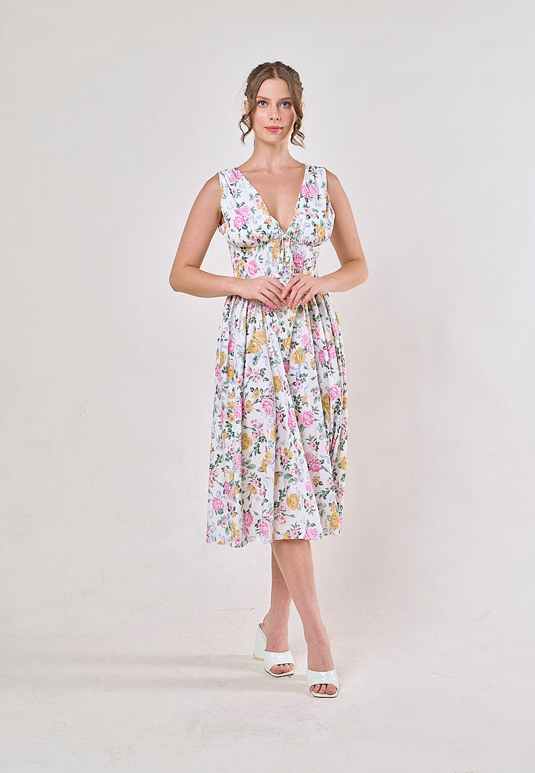 Odin Multicolor Floral V Neck A-Line Pleated Midi Dress