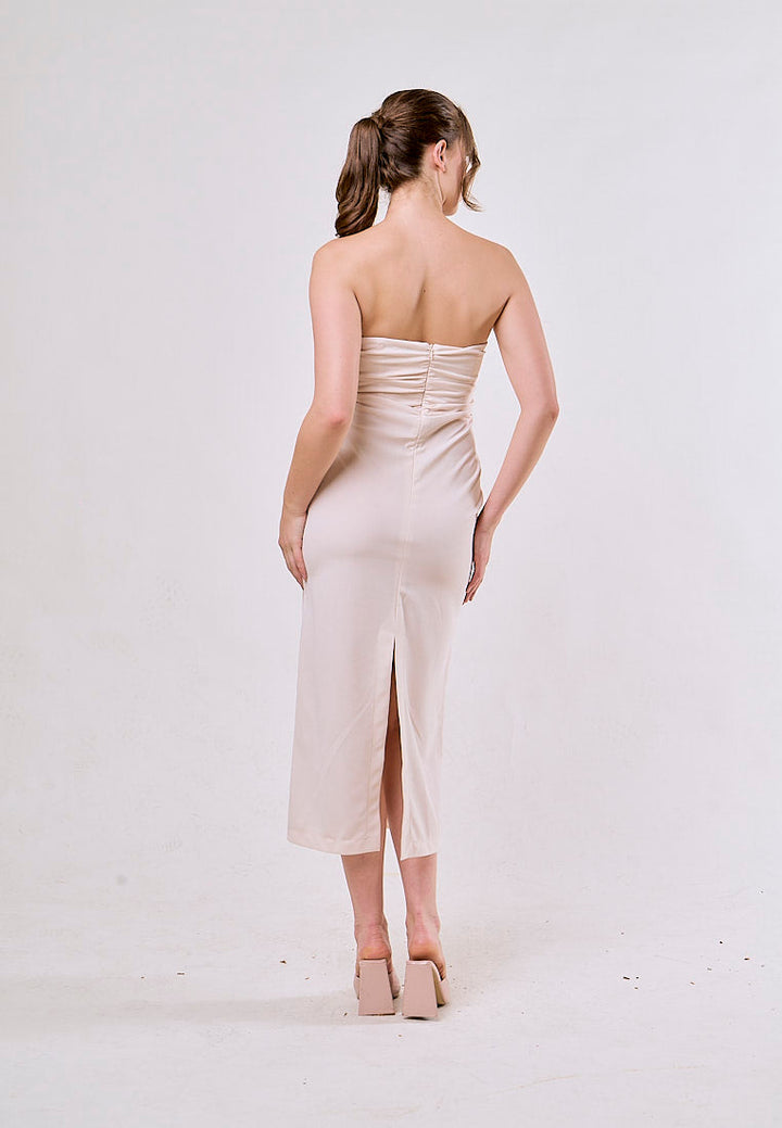Poppy White Sweetheart Neck Pleated Midi Dress