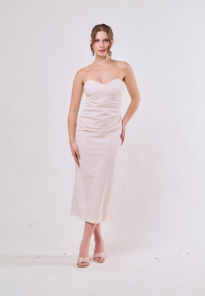 Poppy White Sweetheart Neck Pleated Midi Dress
