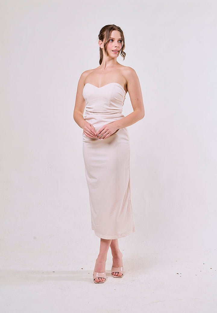 Poppy White Sweetheart Neck Pleated Midi Dress