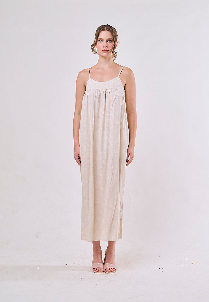 Aviva Beige Sleeveless Smocked Back Maxi Dress