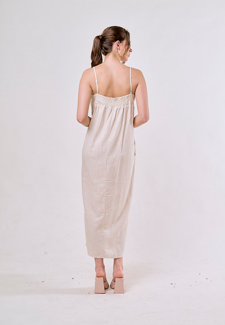 Aviva Beige Sleeveless Smocked Back Maxi Dress