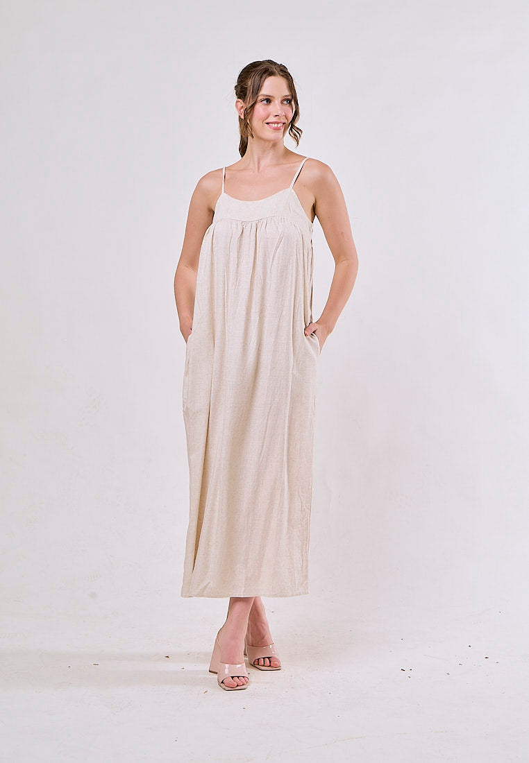 Aviva Beige Sleeveless Smocked Back Maxi Dress